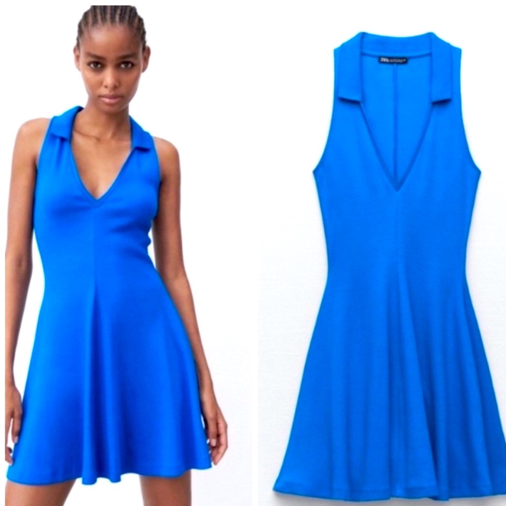 Zara Blue Lapel Collared Sleeveless Ribbed Skater dress